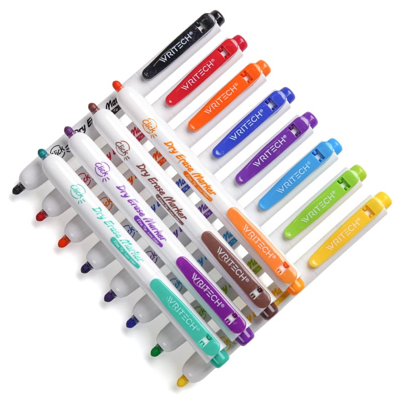 WRITECH Retractable Dry Erase Markers: Fine Tip Assorted Colors Low Odor Multi Colored Set Refillable Clickable Multicolor Thin Point Whiteboard Marker Bulk 12ct No Bleed Smear - Image 1